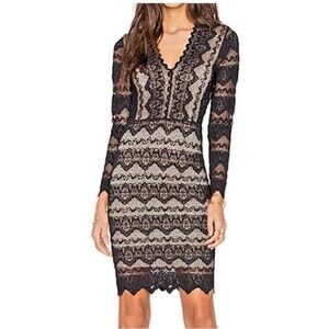 Nightcap By Carisa Rene Deep V-neck Bodycon Lace Black Nude Dress Sz 3 Med $295